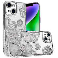 For iPhone 13/14 Case Bling Floral 3D Glitter Rhinestone Cover + Tempered Glass