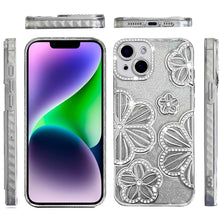 For iPhone 13/14 Case Bling Floral 3D Glitter Rhinestone Cover + Tempered Glass