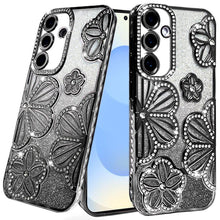 For Samsung S25/S24 Case Bling Floral 3D Glitter Phone Cover + Tempered Glass