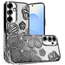 For Samsung S25/S24 Case Bling Floral 3D Glitter Phone Cover + Tempered Glass