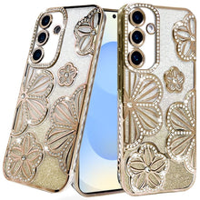For Samsung S25/S24 Case Bling Floral 3D Glitter Phone Cover + Tempered Glass