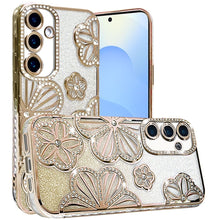For Samsung S25/S24 Case Bling Floral 3D Glitter Phone Cover + Tempered Glass