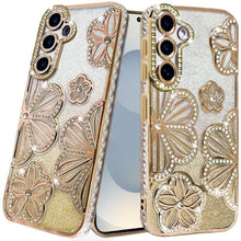 For Samsung S26 6.3" Case Bling Floral 3D Glitter Phone Cover + Tempered Glass
