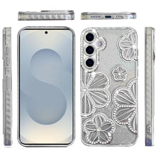 For Samsung S26 6.3" Case Bling Floral 3D Glitter Phone Cover + Tempered Glass