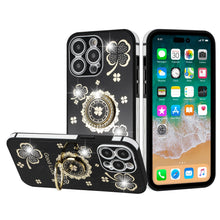 For iPhone 14 PRO Case Crystal Studdded Clover with Bling Ring Stand Phone Cover