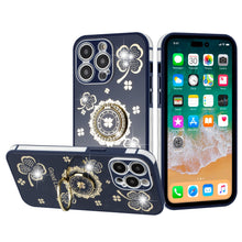 For iPhone 14 PRO Case Crystal Studdded Clover with Bling Ring Stand Phone Cover