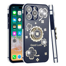 For iPhone 14 PRO Case Crystal Studdded Clover with Bling Ring Stand Phone Cover