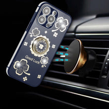 For iPhone 14 PRO Case Crystal Studdded Clover with Bling Ring Stand Phone Cover