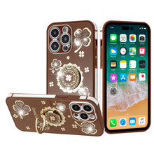 For iPhone 14 PRO Case Crystal Studdded Clover with Bling Ring Stand Phone Cover