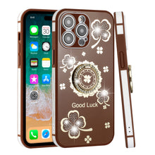 For iPhone 14 PRO Case Crystal Studdded Clover with Bling Ring Stand Phone Cover