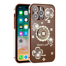 For iPhone 14 PRO Case Crystal Studdded Clover with Bling Ring Stand Phone Cover