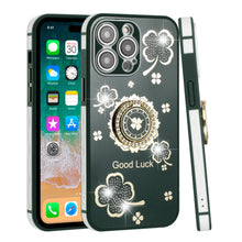 For iPhone 14 PRO Case Crystal Studdded Clover with Bling Ring Stand Phone Cover
