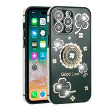 For iPhone 14 PRO Case Crystal Studdded Clover with Bling Ring Stand Phone Cover