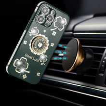 For iPhone 14 PRO Case Crystal Studdded Clover with Bling Ring Stand Phone Cover