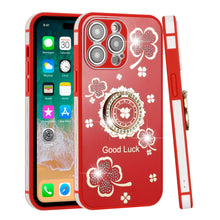 For iPhone 14 PRO Case Crystal Studdded Clover with Bling Ring Stand Phone Cover
