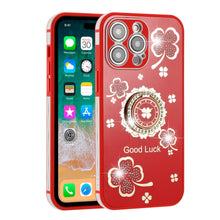 For iPhone 14 PRO Case Crystal Studdded Clover with Bling Ring Stand Phone Cover