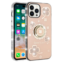 For iPhone 13/14 Case Crystal Studded Ringstand Bling Cover + Tempered Glass