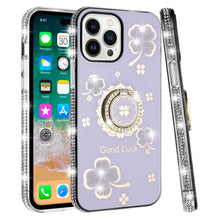 For iPhone 12/12 Pro Case Crystal Studded Ring Stand Bling + Tempered Glass