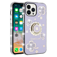 For iPhone 13/14 Case Crystal Studded Ringstand Bling Cover + Tempered Glass