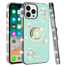 For iPhone 13/14 Case Crystal Studded Ringstand Bling Cover + Tempered Glass