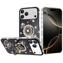 For iPhone 17 PRO Case Crystal Studded Ring Stand Bling Cover + Tempered Glass