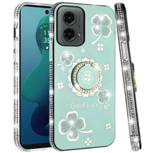 For Moto G 5G (2024) Case Glitter Clover Design Crystal Ring + Tempered Glass