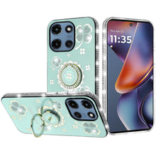 For Moto G 2025 Case Crystal Studded Ringstand Bling Cover + Tempered Glass