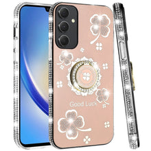 For Samsung A15 5G Case Glitter Clover Design Crystal Ring Stand +Tempered Glass