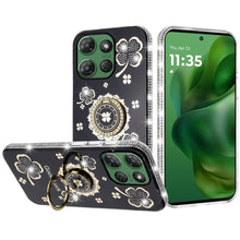 For Moto G Power 2025 Case Glitter Clover Design Crystal Ring + Tempered Glass