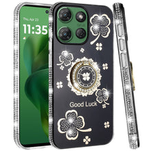 For Moto G Power 2025 Case Glitter Clover Design Crystal Ring + Tempered Glass