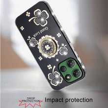 For Moto G Power 2025 Case Glitter Clover Design Crystal Ring + Tempered Glass