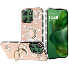 For Moto G Power 2025 Case Glitter Clover Design Crystal Ring + Tempered Glass