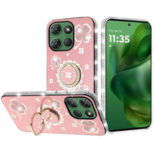 For Moto G Power 2025 Case Glitter Clover Design Crystal Ring + Tempered Glass