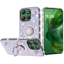 For Moto G Power 2025 Case Glitter Clover Design Crystal Ring + Tempered Glass