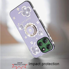 For Moto G Power 2025 Case Glitter Clover Design Crystal Ring + Tempered Glass