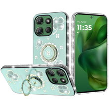 For Moto G Power 2025 Case Glitter Clover Design Crystal Ring + Tempered Glass
