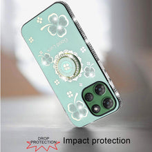 For Moto G Power 2025 Case Glitter Clover Design Crystal Ring + Tempered Glass