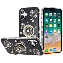 For iPhone 16 Plus 6.7in Case Crystal Studded Ring stand Bling + Tempered Glass