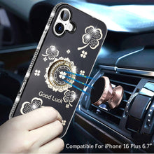 For iPhone 16 Plus 6.7in Case Crystal Studded Ring stand Bling + Tempered Glass