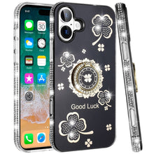 For iPhone 16 Plus 6.7in Case Crystal Studded Ring stand Bling + Tempered Glass