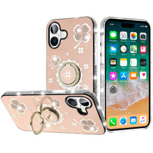 For iPhone 16 Plus 6.7in Case Crystal Studded Ring stand Bling + Tempered Glass
