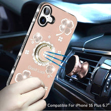 For iPhone 16 Plus 6.7in Case Crystal Studded Ring stand Bling + Tempered Glass