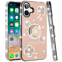 For iPhone 16 Plus 6.7in Case Crystal Studded Ring stand Bling + Tempered Glass
