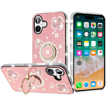 For iPhone 16 Plus 6.7in Case Crystal Studded Ring stand Bling + Tempered Glass
