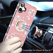 For iPhone 16 Plus 6.7in Case Crystal Studded Ring stand Bling + Tempered Glass