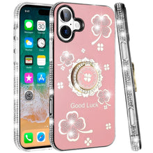 For iPhone 16 Plus 6.7in Case Crystal Studded Ring stand Bling + Tempered Glass