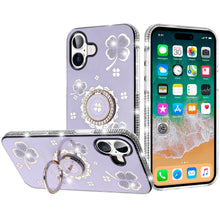For iPhone 16 Plus 6.7in Case Crystal Studded Ring stand Bling + Tempered Glass