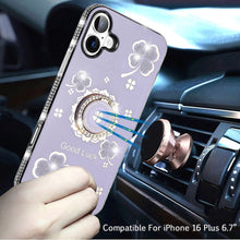 For iPhone 16 Plus 6.7in Case Crystal Studded Ring stand Bling + Tempered Glass