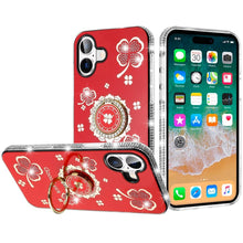 For iPhone 16 Plus 6.7in Case Crystal Studded Ring stand Bling + Tempered Glass
