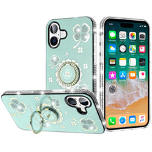 For iPhone 16 Plus 6.7in Case Crystal Studded Ring stand Bling + Tempered Glass